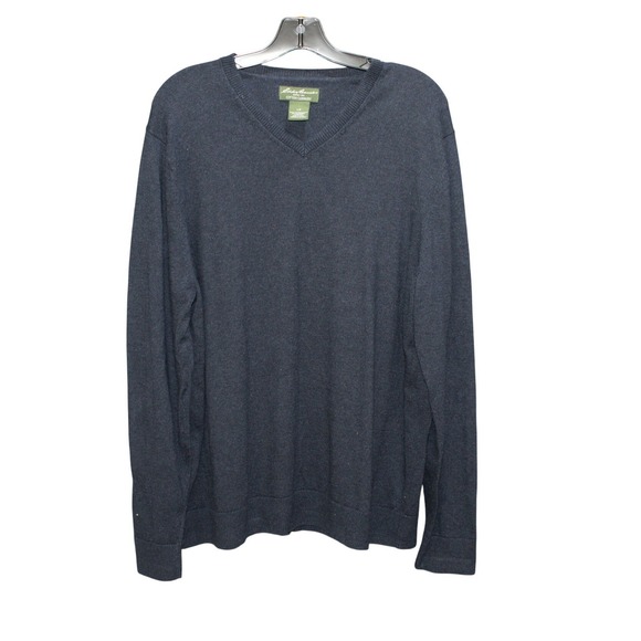 Eddie Bauer Cotton Cashmere V Neck Sweater L Navy Blue - Picture 1 of 5